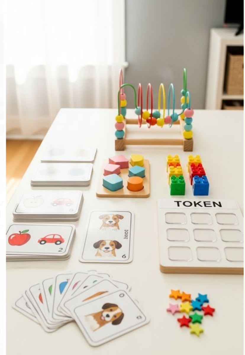 Materiais pedagógicos organizados na mesa do consultório